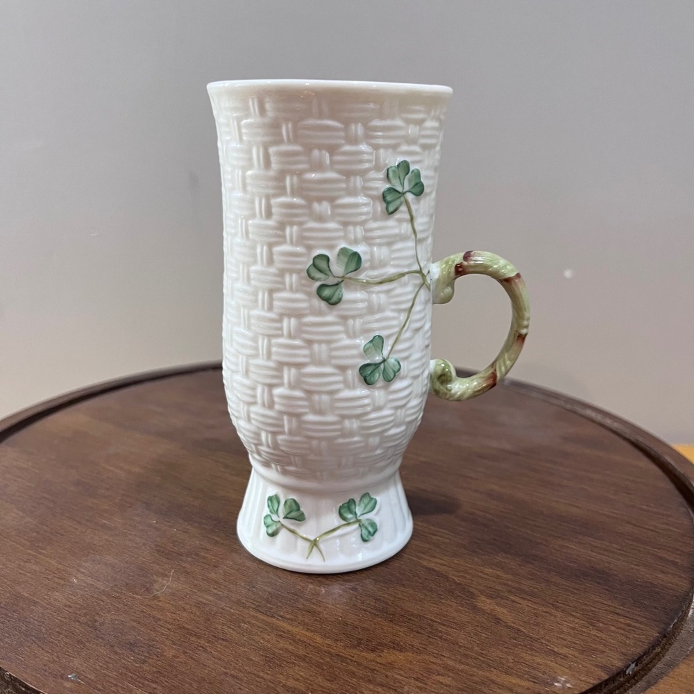 Vtg Belleek Irish Coffee Mug Shamrock Basketweave Parian China Ireland Footed